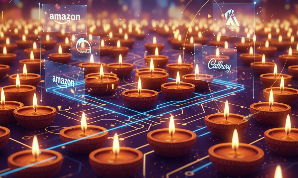 Festive marketing scene with a digital marketer analyzing Diwali campaign data on a holographic screen — background filled with festive decor, diyas, and social media icons — futuristic yet warm tone — represents AI-powered festive campaigns and brand engagement